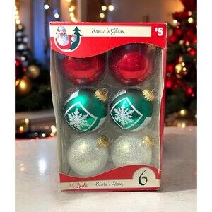 Vintage 6 Pc KREBS Red Green White Glitter Snowflake Glass Ornaments With Box